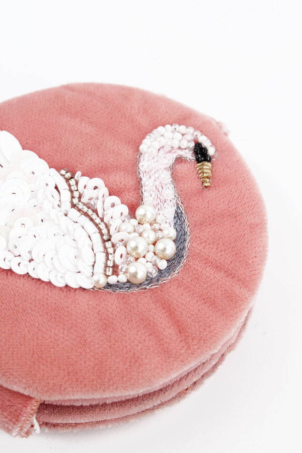Pink Beaded Swan Compact Mirror