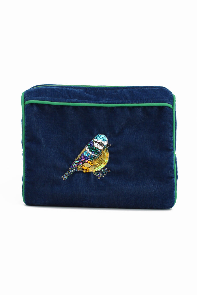 Navy Velvet Beaded Blue Tit Medium Makeup Bag