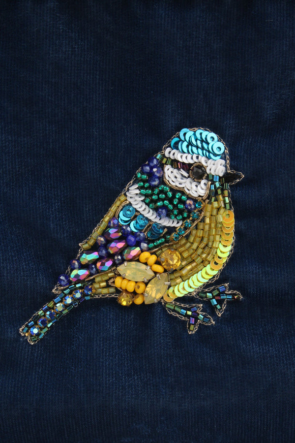 Navy Velvet Beaded Blue Tit Medium Makeup Bag