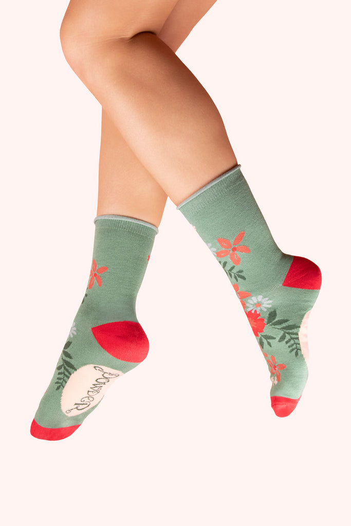 Powder Olive Floral Spray Ankle Socks