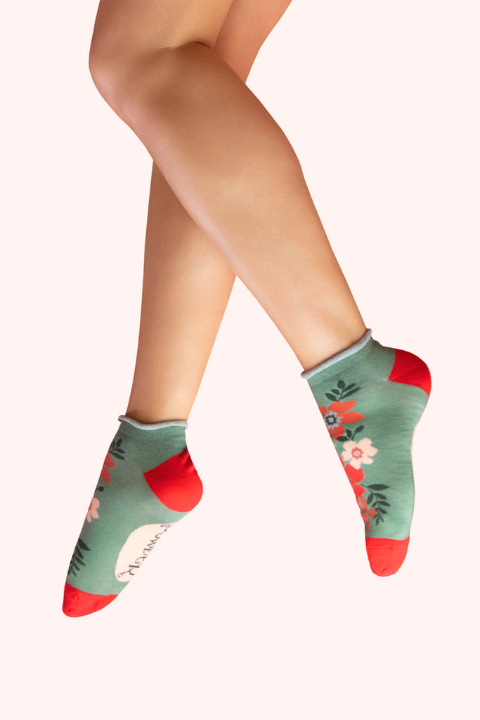 Powder Olive Floral Spray Trainer Socks