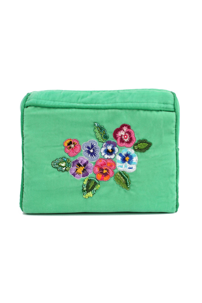 Mint Green Beaded Pansy Velvet Medium Makeup Bag