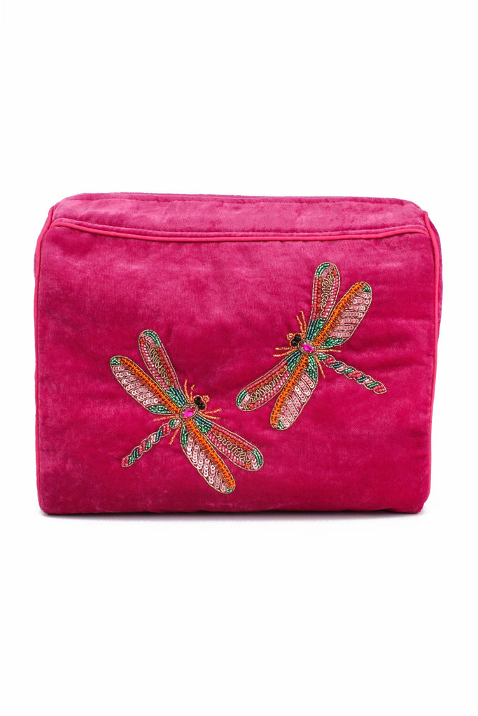 Pink Beaded Dragonfly Velvet Large Makeup Bag