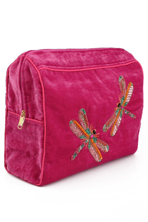 Pink Beaded Dragonfly Velvet Large Makeup Bag