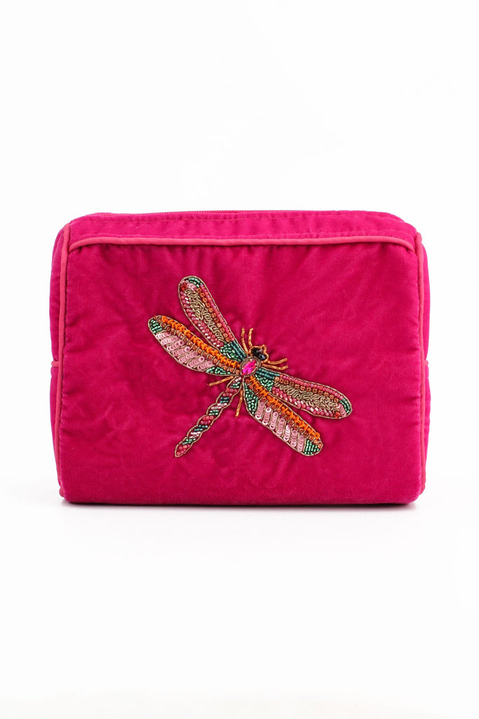 Pink Beaded Dragonfly Velvet Medium Makeup Bag