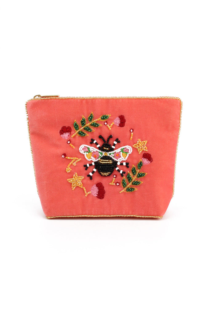 Coral Beaded Floral Bee Velvet Small Pouch