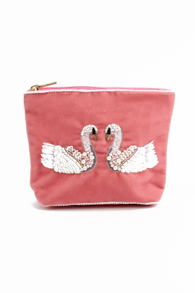 Pink Swan Beaded Velvet Small Pouch