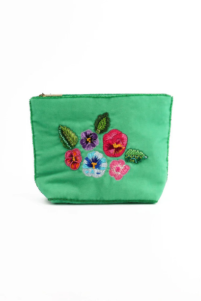 Mint Green Beaded Pansy Velvet Small Pouch