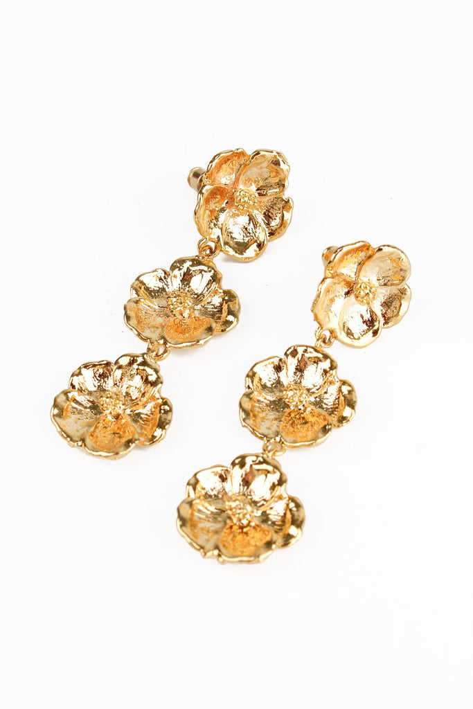 Gold Flower Triple Drop Earrings
