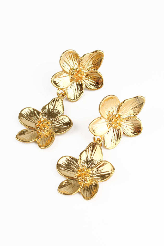 Gold Flower Double Drop Earrings