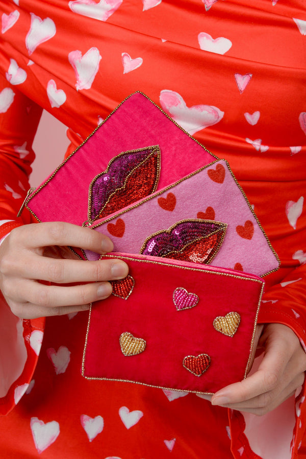 Red Velvet Multi Heart Beaded Small Pouch
