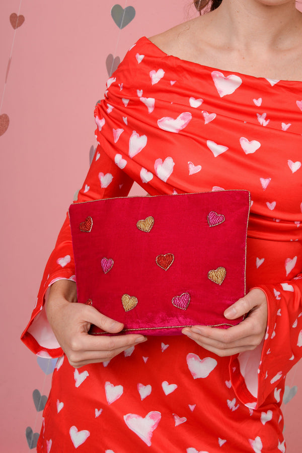 Red Velvet Multi Heart Beaded Large Pouch
