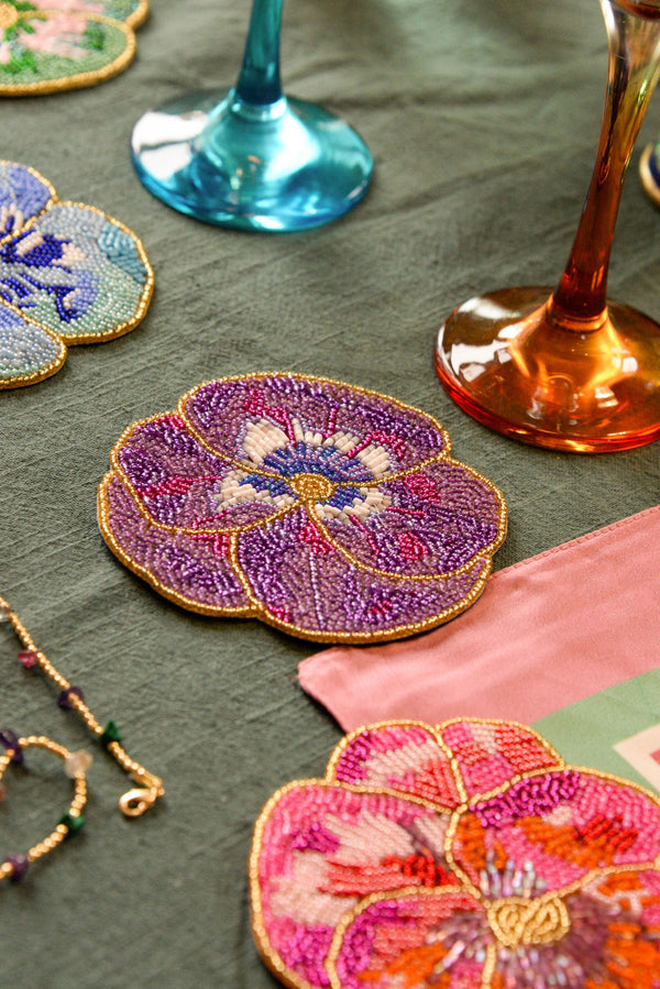 Pansy Beaded Coasters - Set of 4