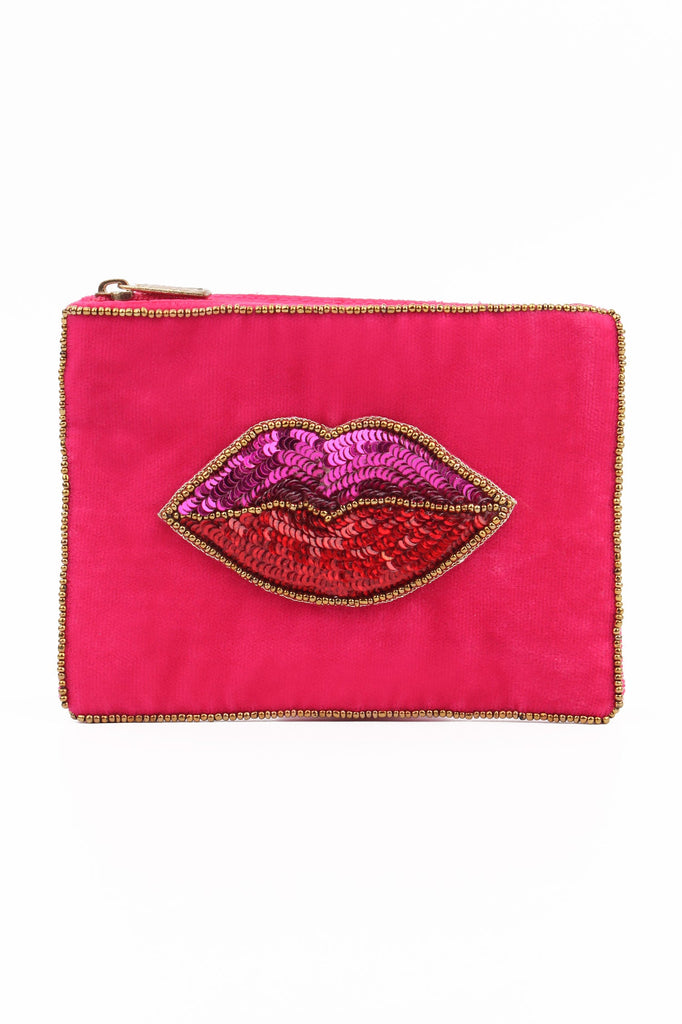 Bright Pink Velvet Lips On Beaded Small Pouch