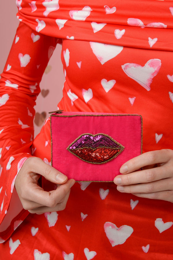 Bright Pink Velvet Lips On Beaded Small Pouch