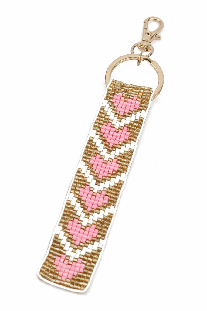 Gold Pink Heart Beaded Keyring/Bag Charm