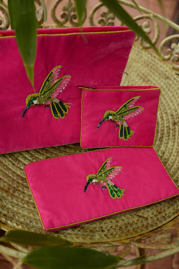 Pink Hummingbird Beaded Multi Use Pouch