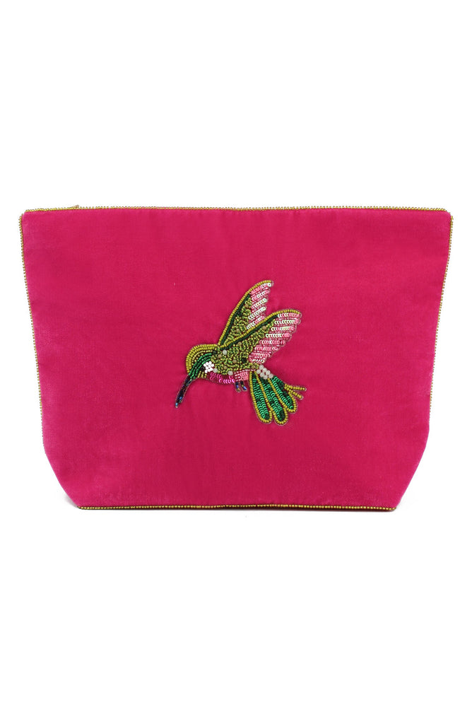 Pink Hummingbird Beaded Large Pouch