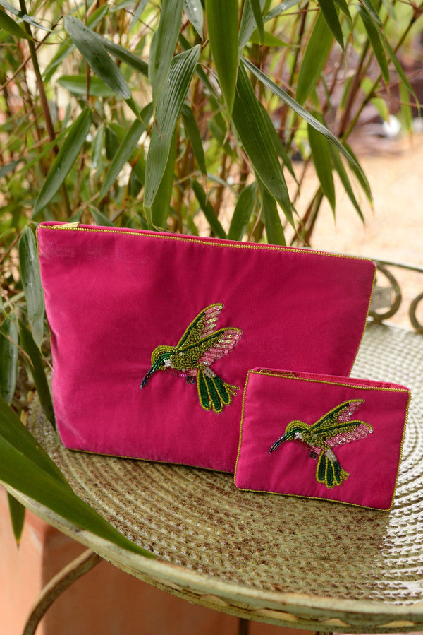 Pink Hummingbird Beaded Large Pouch