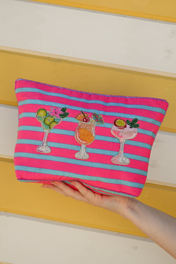 Striped Cocktails Beaded Large Pouch