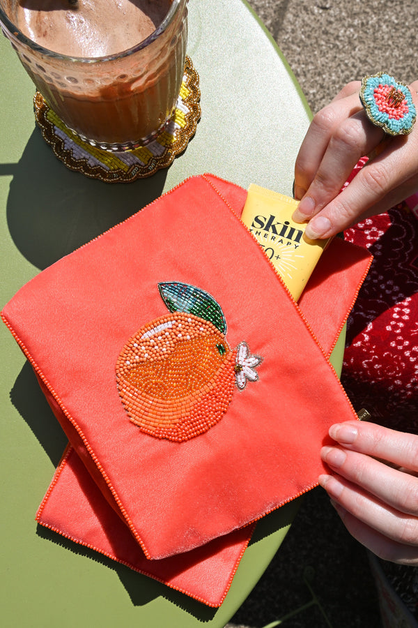 Orange Fruit Beaded Medium Pouch