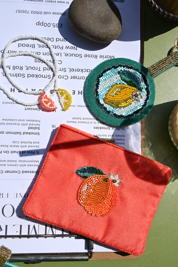 Orange Fruit Beaded Small Pouch