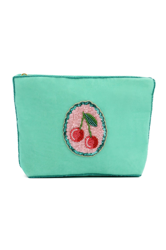 Teal Scalloped Cherry Beaded Medium Pouch