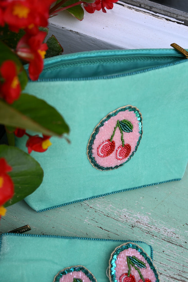 Teal Scalloped Cherry Beaded Medium Pouch