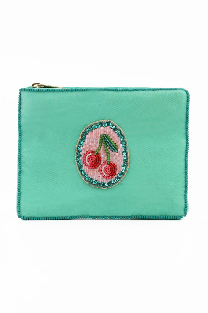 Teal Scalloped Cherry Beaded Small Pouch
