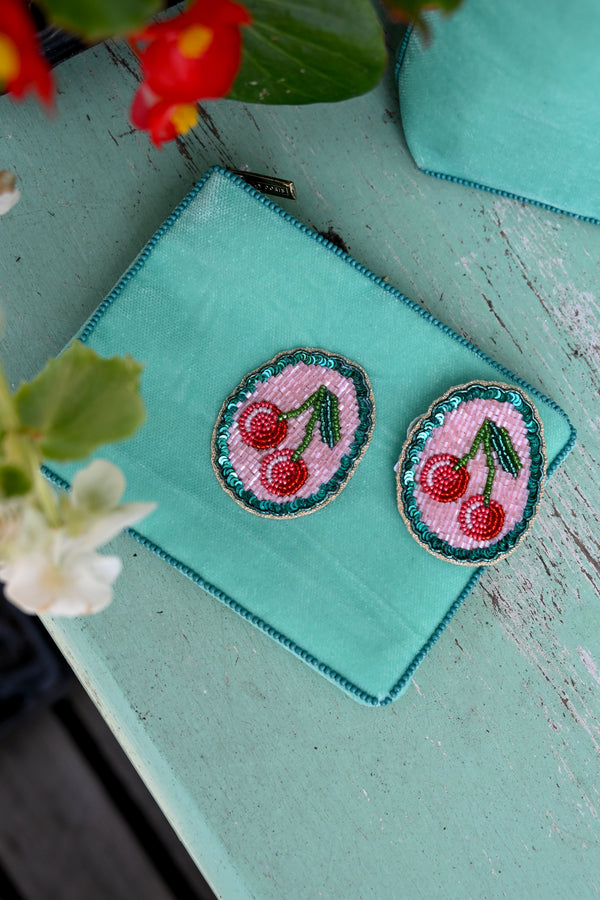 Teal Scalloped Cherry Beaded Small Pouch