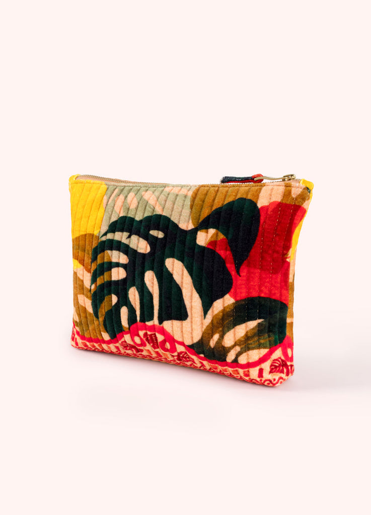 Powder Exotic Leaves Quilted Velvet Zip Pouch