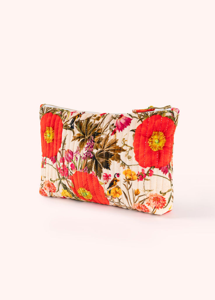 Powder Cream Fine Flowers Quilted Velvet Zip Pouch