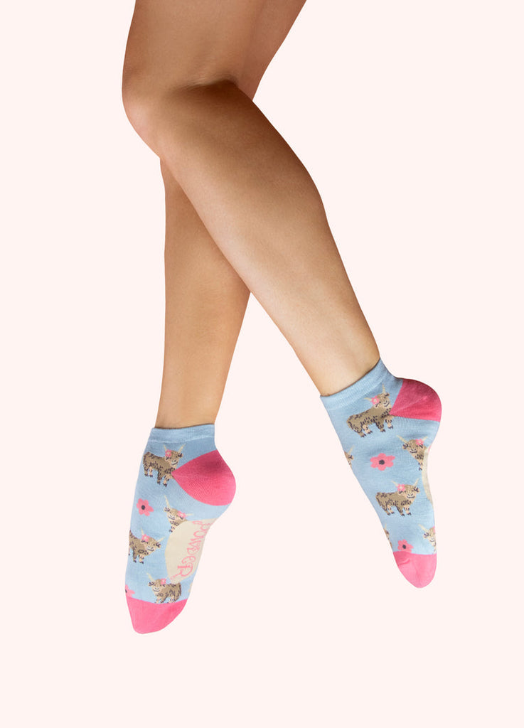 Powder Blue Highland Cow Trainer Socks