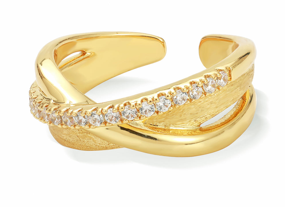 Gold & Crystal Cross Over Ring