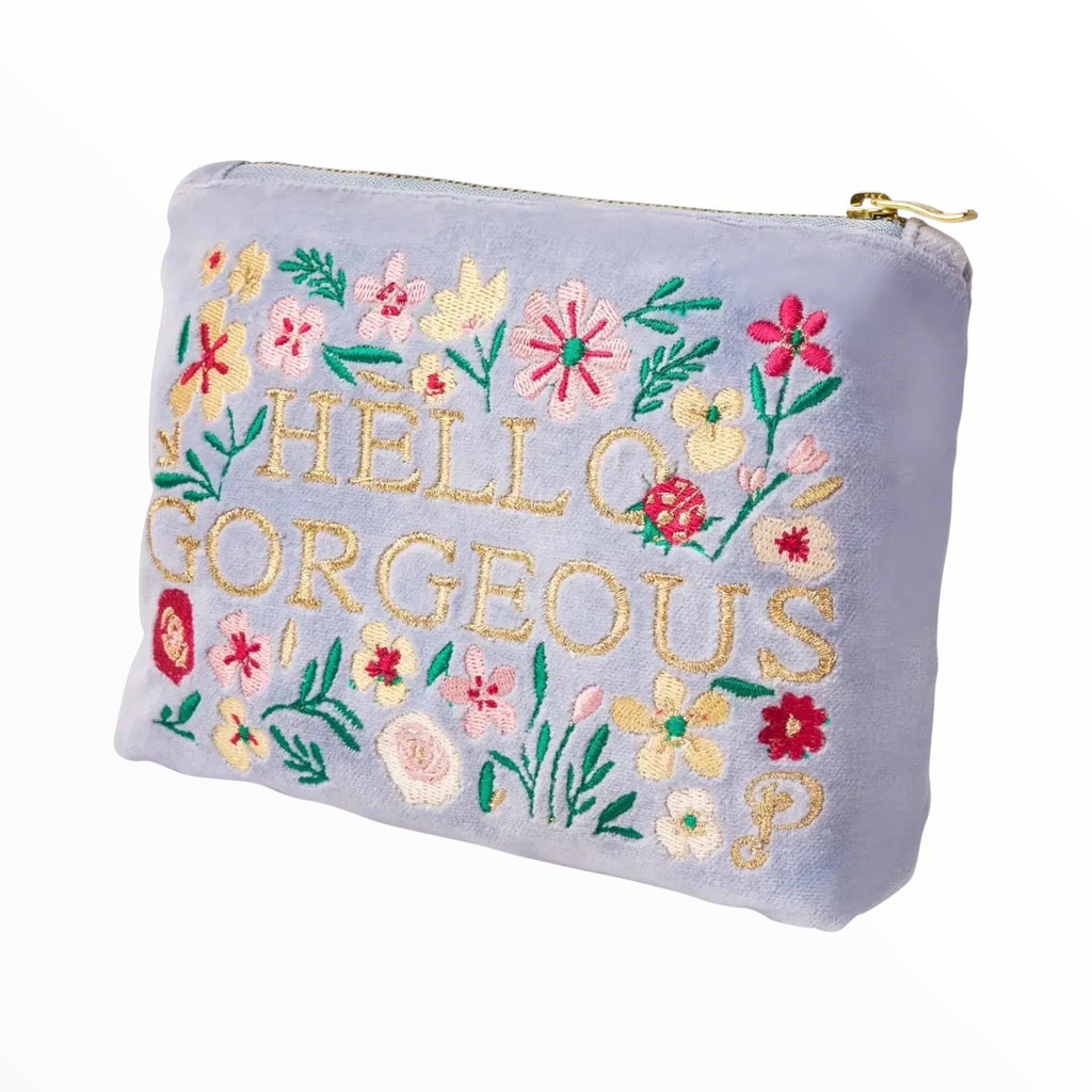 Powder Blue “Hello Gorgeous” Velvet Embroidered Mini Pouch