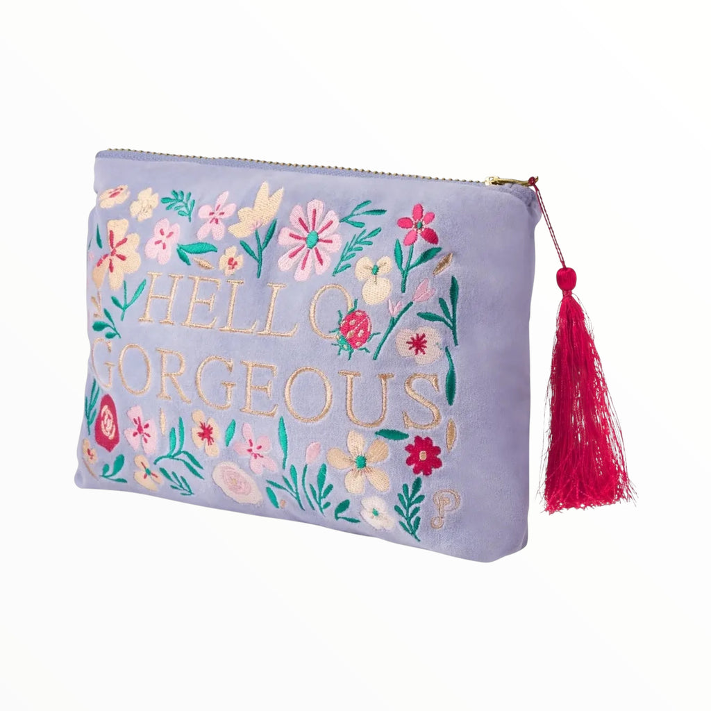 Powder Blue “Hello Gorgeous” Velvet Embroidered Pouch