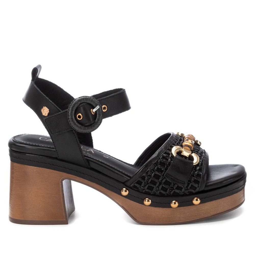 Carmela Black Raffia Buckle Front Sandals