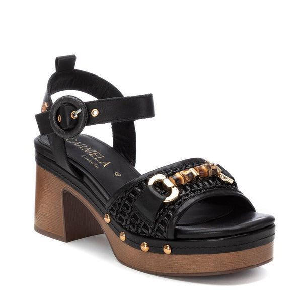 Carmela Black Raffia Buckle Front Sandals