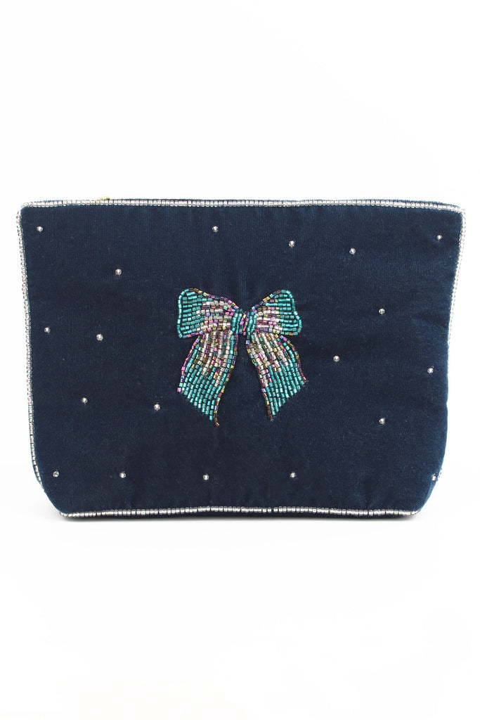 Silver Blue Velvet Beaded Bow Medium Pouch