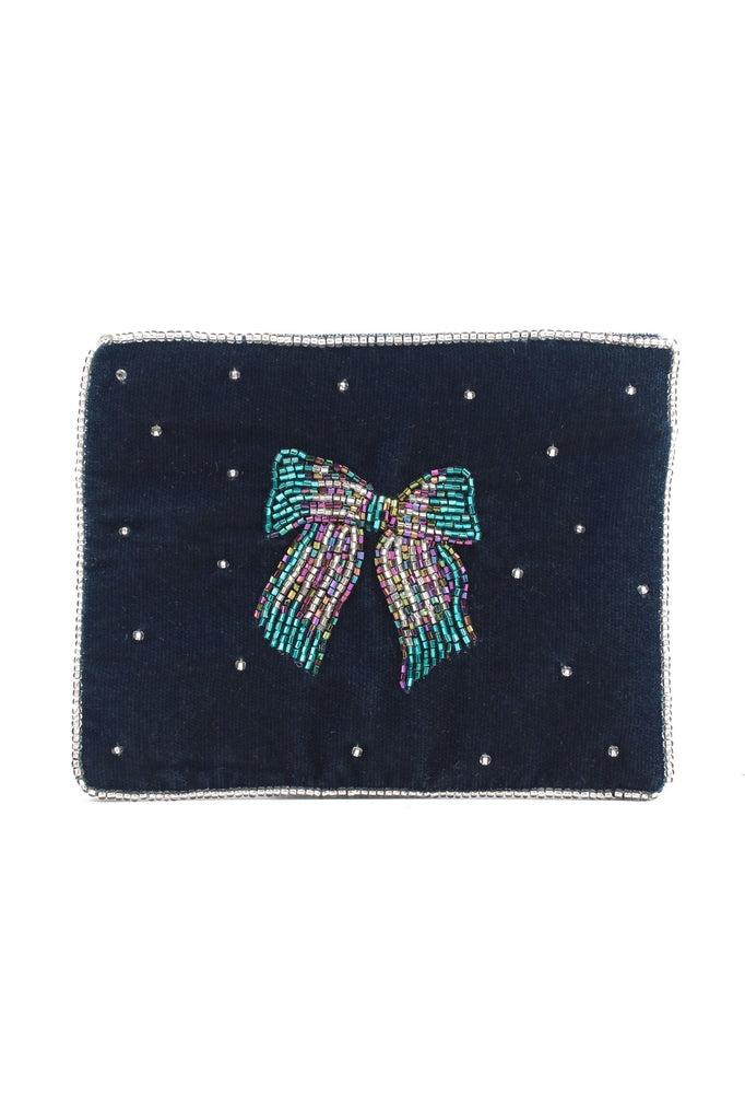 Silver Blue Velvet Beaded Bow Small Pouch