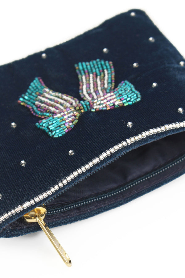 Silver Blue Velvet Beaded Bow Small Pouch