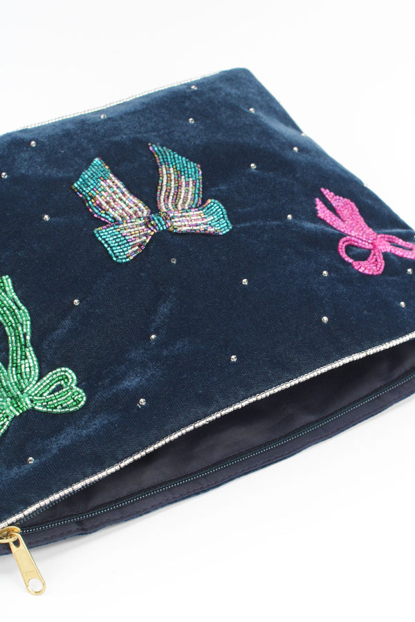 Navy Velvet Multi Bow Large Pouch