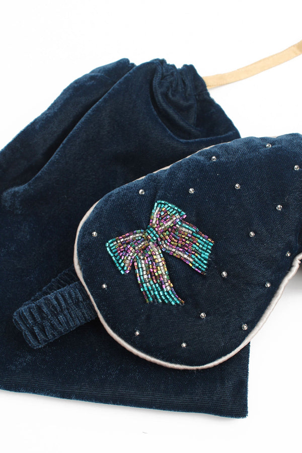 Silver Blue Velvet Bow Beaded Sleep Eye Mask