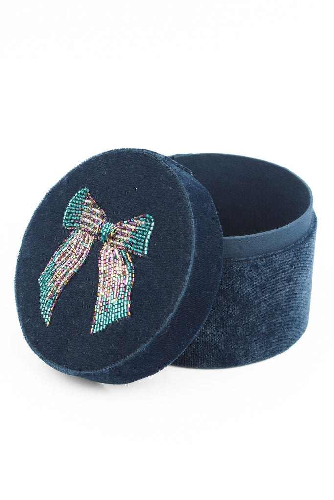 Navy Blue Silver Bow Beaded Trinket Box