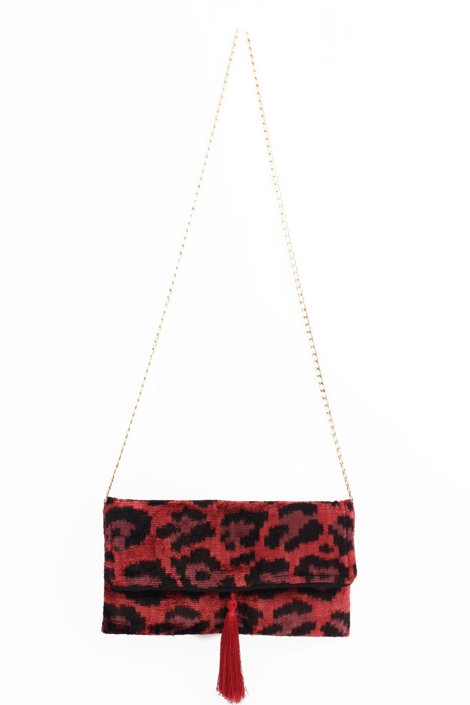 Plum Leopard Yasemin Clutch Silk Velvet Crossbody Handbag