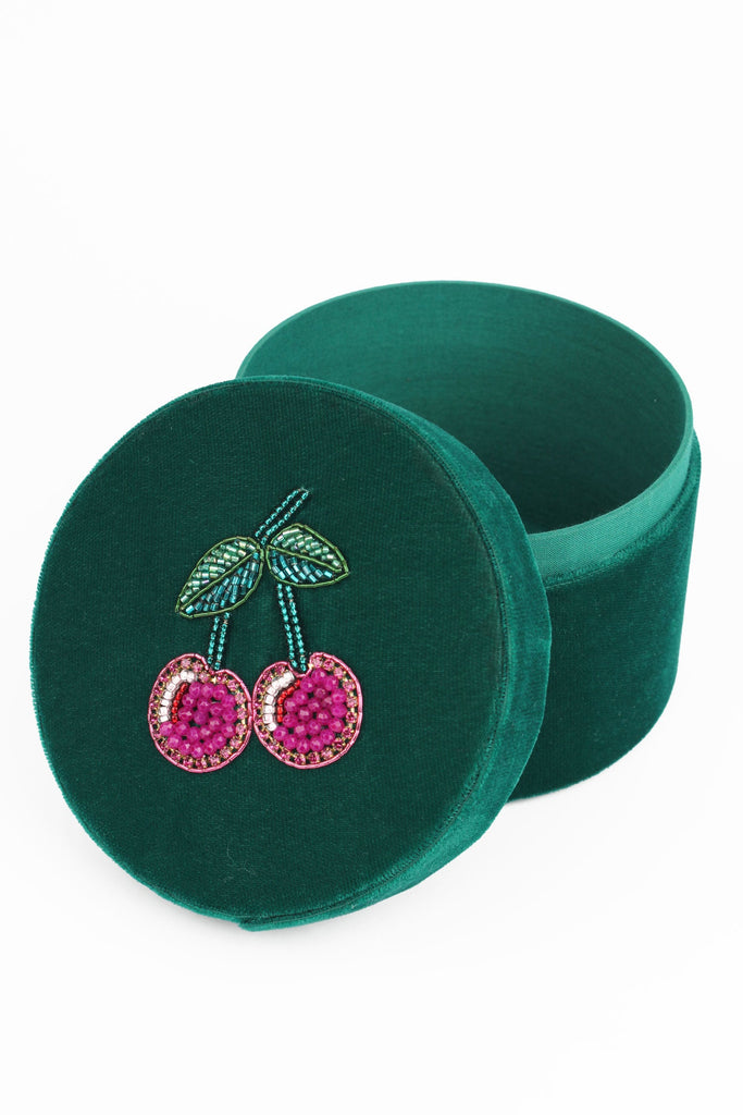 Green Velvet Cherry Beaded Trinket Box