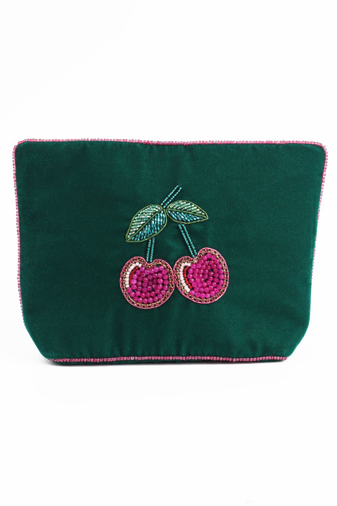Green Velvet Beaded Cherry Medium Pouch