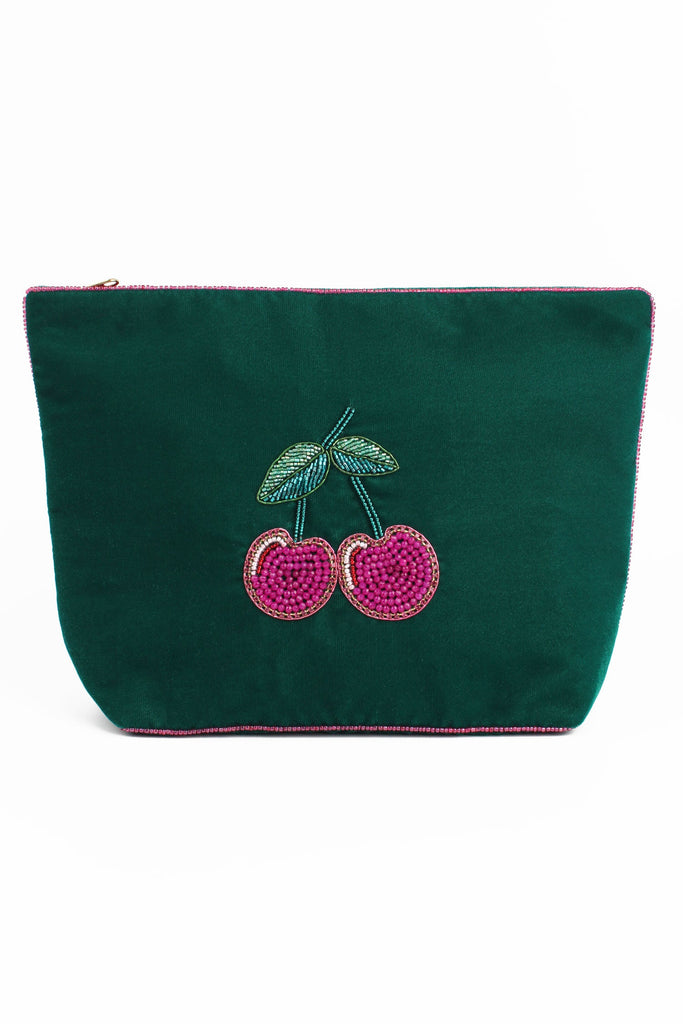 Green Velvet Beaded Cherry Large Pouch