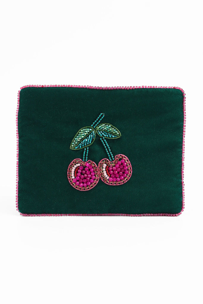 Green Velvet Beaded Cherry Small Pouch