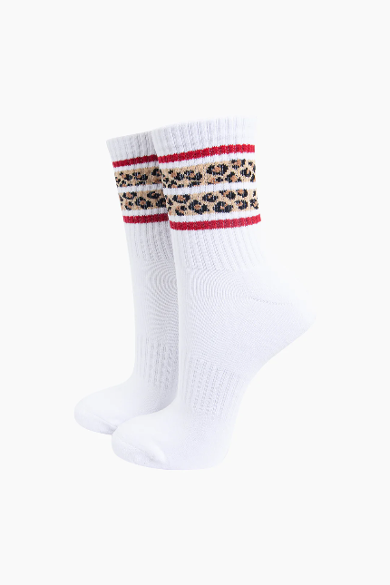 White & Red Leopard Print Striped Organic Ribbed Socks